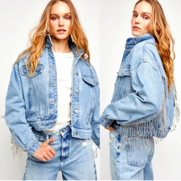 Free People Rhinestone Fringe Denim Bomber Jacket Meteor Wash XL - Picture 3 of 10